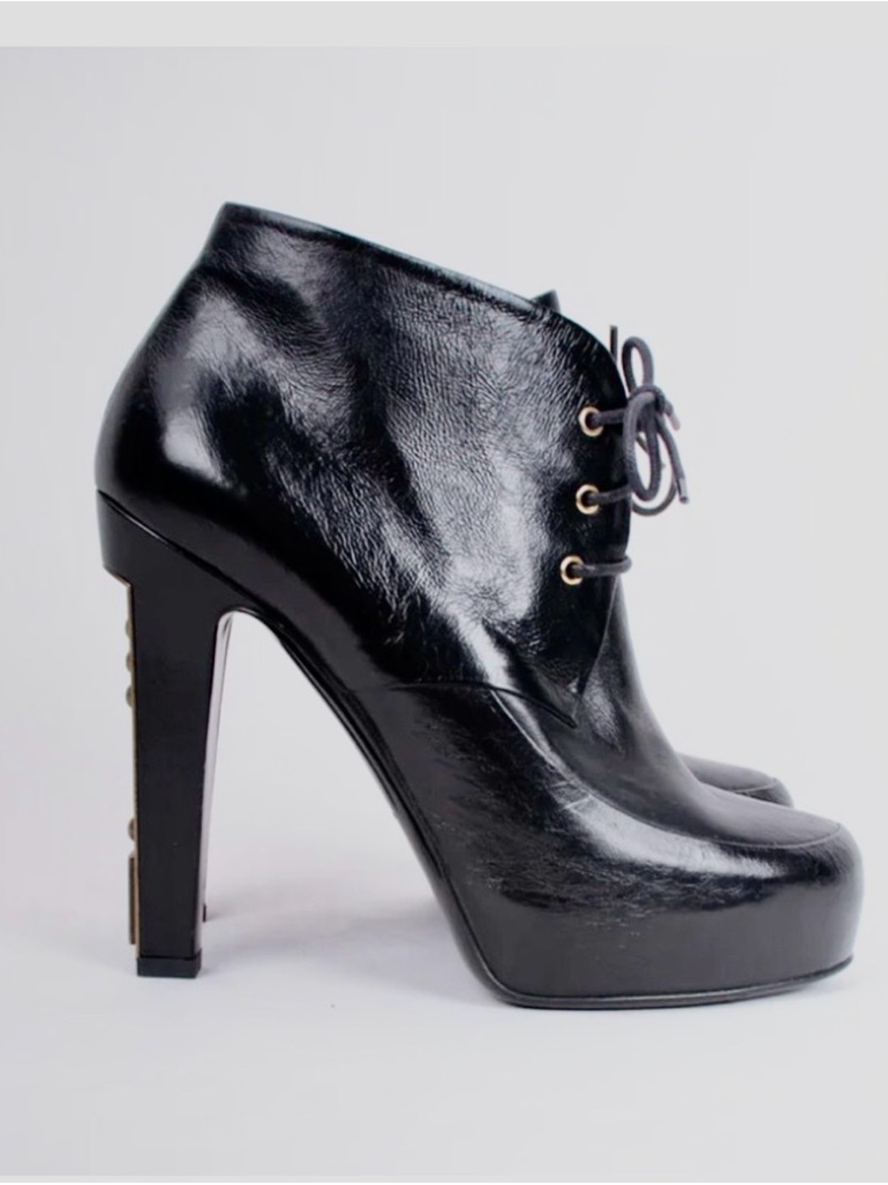 CHANEL Black Leather Logo Heel Lace-Up Platform Ankle Boots - Picture 4 of 15